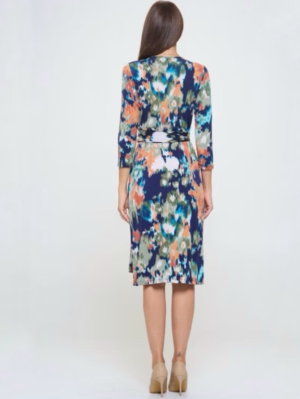 Renee C Abstract Print V-Neck Jersey Wrap Midi Dress Size 3X Floral 3/4 Sleeves - Picture 2 of 12